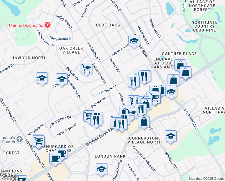 map of restaurants, bars, coffee shops, grocery stores, and more near 3703 Stillview Drive in Houston
