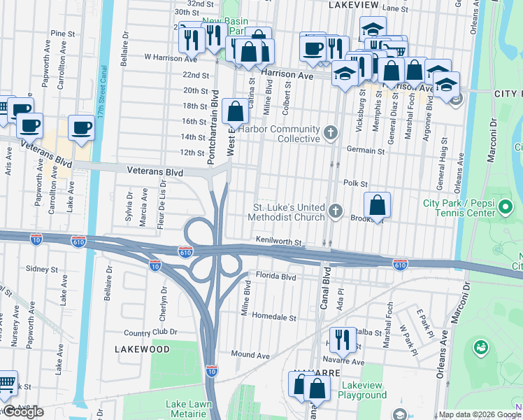 map of restaurants, bars, coffee shops, grocery stores, and more near 5852 Colbert Street in New Orleans