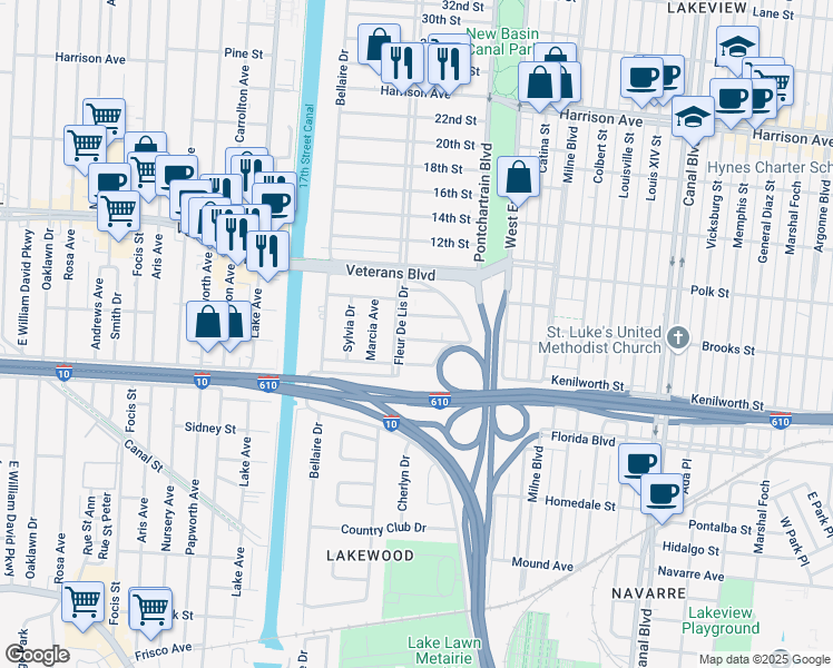 map of restaurants, bars, coffee shops, grocery stores, and more near 219 West Kenilworth Street in New Orleans