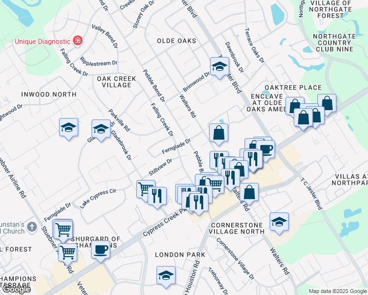 map of restaurants, bars, coffee shops, grocery stores, and more near 3703 Stillview Drive in Houston