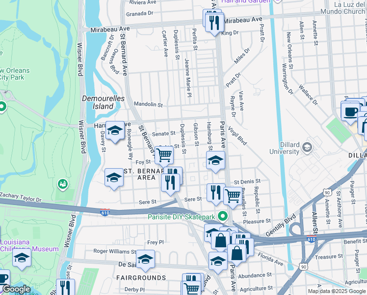 map of restaurants, bars, coffee shops, grocery stores, and more near 4012 Duplessis Street in New Orleans