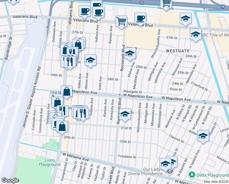 map of restaurants, bars, coffee shops, grocery stores, and more near 2236 Kentucky Avenue in Kenner