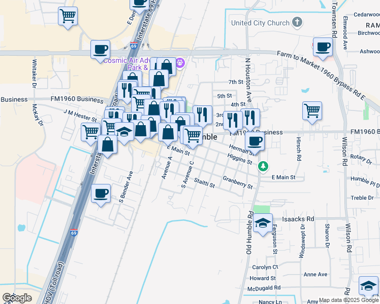 map of restaurants, bars, coffee shops, grocery stores, and more near 311 Granberry Street in Humble