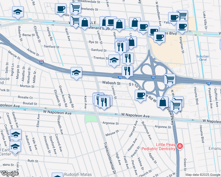 map of restaurants, bars, coffee shops, grocery stores, and more near 2522 Lemon Street in Metairie