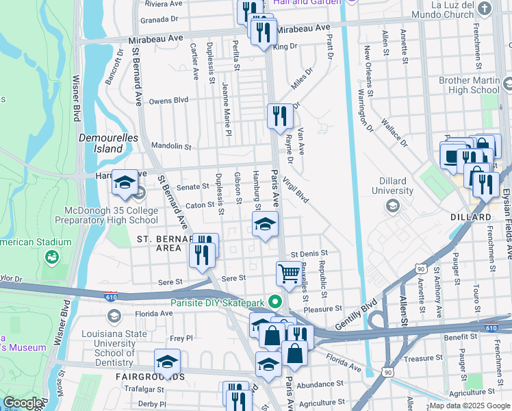 map of restaurants, bars, coffee shops, grocery stores, and more near 3962 Hamburg Street in New Orleans