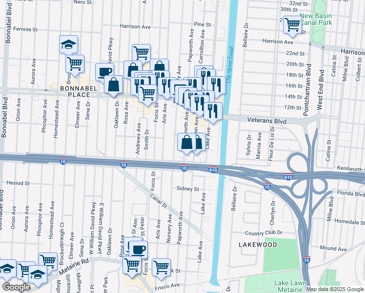 map of restaurants, bars, coffee shops, grocery stores, and more near 725 Nursery Avenue in Metairie