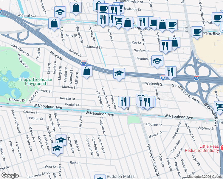 map of restaurants, bars, coffee shops, grocery stores, and more near 3746 Civic Street in Metairie