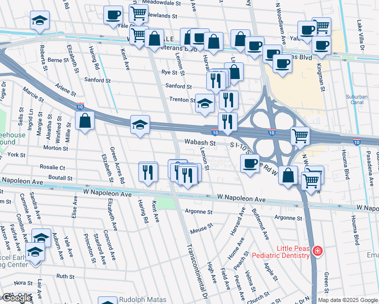 map of restaurants, bars, coffee shops, grocery stores, and more near 4928 Wabash Street in Metairie