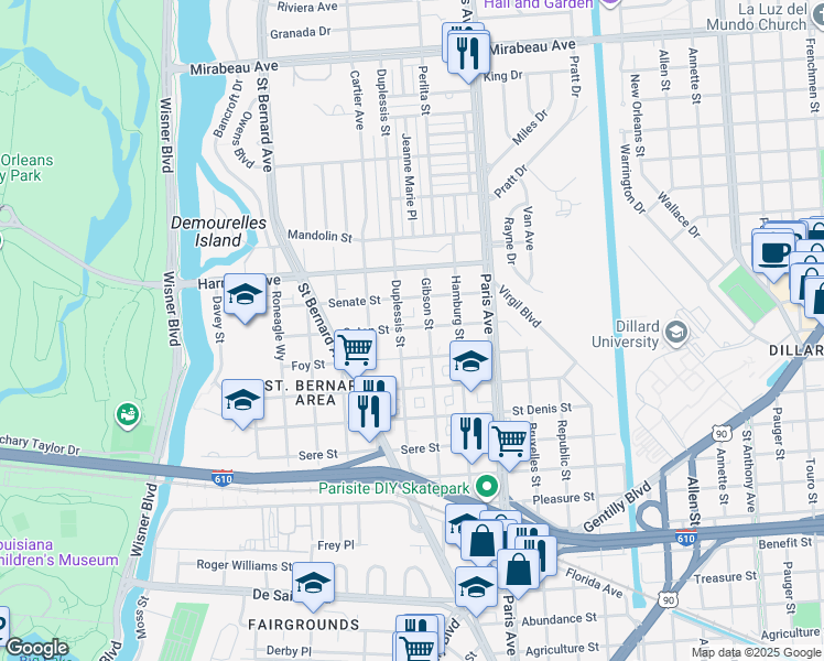 map of restaurants, bars, coffee shops, grocery stores, and more near 1470 Caton Street in New Orleans