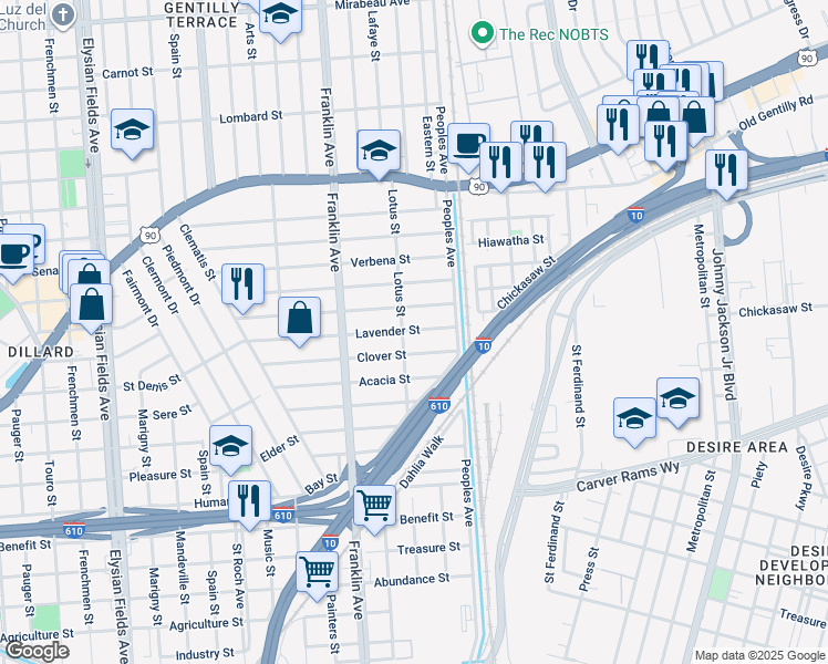 map of restaurants, bars, coffee shops, grocery stores, and more near 2748 Jonquil Street in New Orleans