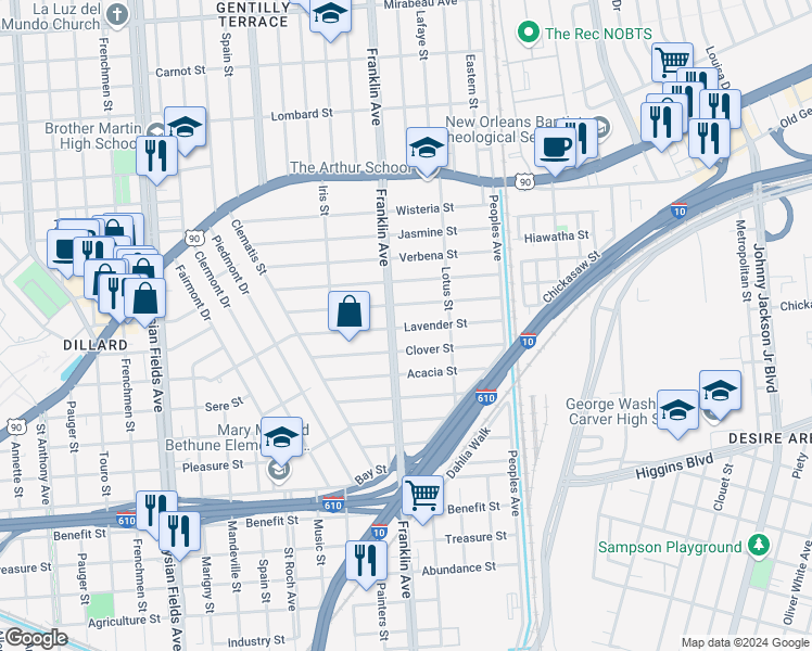 map of restaurants, bars, coffee shops, grocery stores, and more near 3901 Franklin Avenue in New Orleans