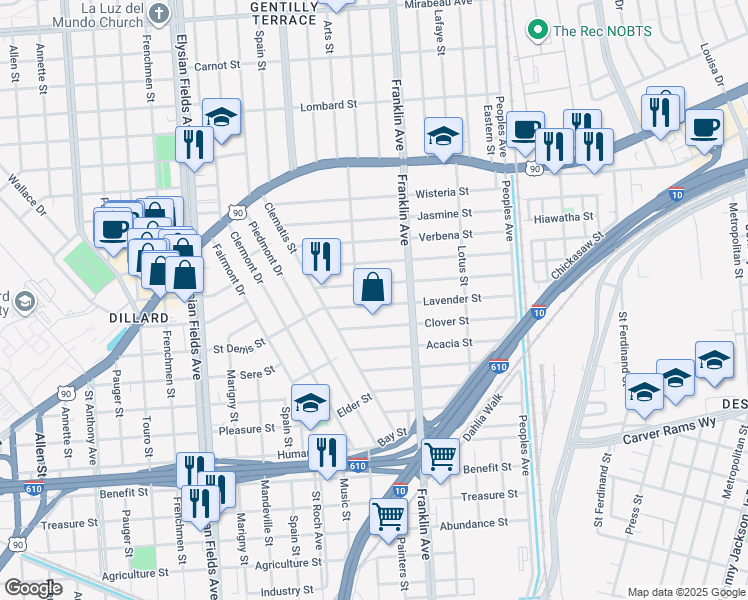 map of restaurants, bars, coffee shops, grocery stores, and more near 2549 Jonquil Street in New Orleans