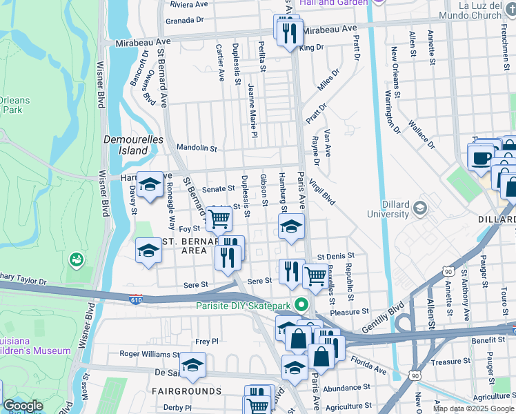 map of restaurants, bars, coffee shops, grocery stores, and more near 1476 Caton Street in New Orleans