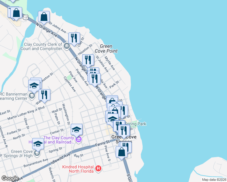 map of restaurants, bars, coffee shops, grocery stores, and more near 201 Park Street in Green Cove Springs
