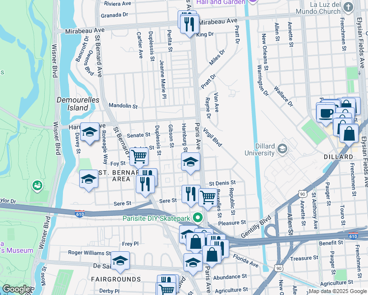 map of restaurants, bars, coffee shops, grocery stores, and more near 3964 Hamburg Street in New Orleans