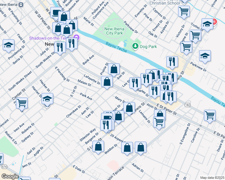 map of restaurants, bars, coffee shops, grocery stores, and more near 307 Ann Street in New Iberia