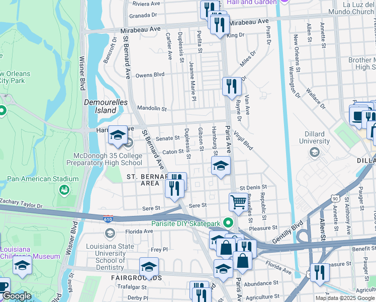 map of restaurants, bars, coffee shops, grocery stores, and more near 4062 Duplessis Street in New Orleans