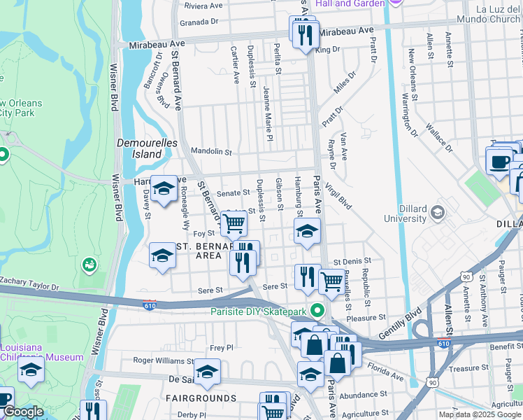 map of restaurants, bars, coffee shops, grocery stores, and more near 4064 Duplessis Street in New Orleans