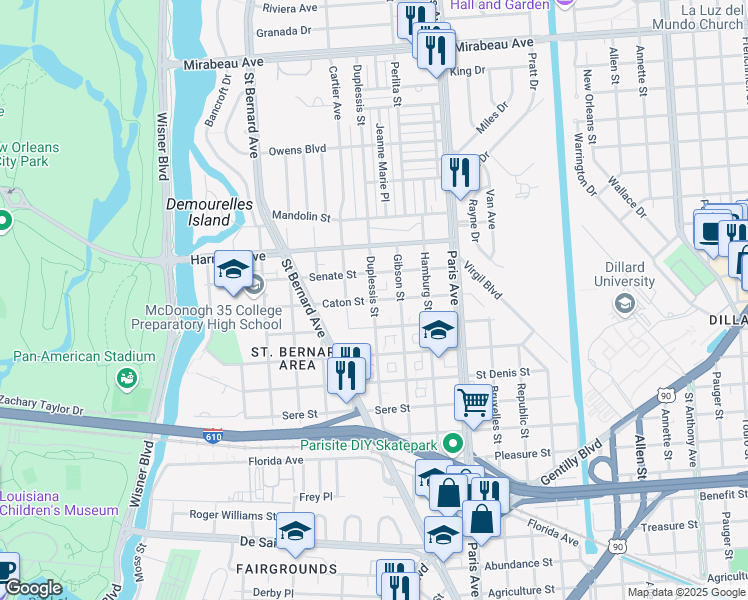 map of restaurants, bars, coffee shops, grocery stores, and more near 4035 Duplessis Street in New Orleans