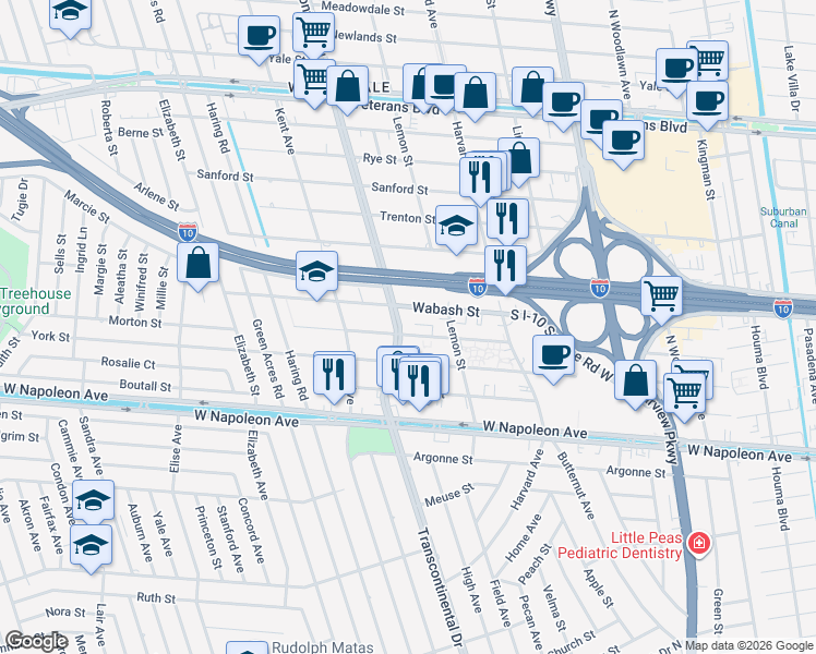 map of restaurants, bars, coffee shops, grocery stores, and more near 4928 Wabash Street in Metairie