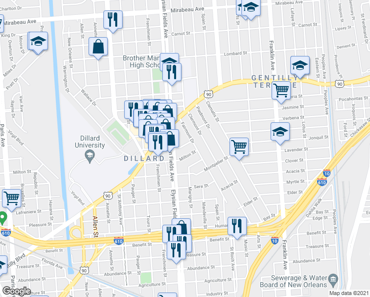 map of restaurants, bars, coffee shops, grocery stores, and more near 2224 Monterey Street in New Orleans