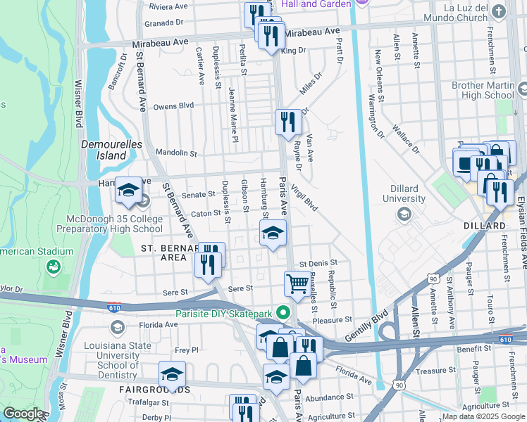 map of restaurants, bars, coffee shops, grocery stores, and more near 3966 Hamburg Street in New Orleans