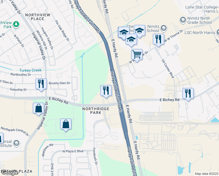 map of restaurants, bars, coffee shops, grocery stores, and more near 19558 Estrella in Houston