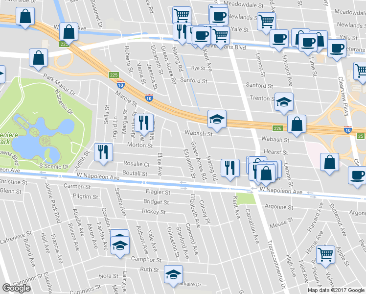 map of restaurants, bars, coffee shops, grocery stores, and more near 2512 Elizabeth Street in Metairie