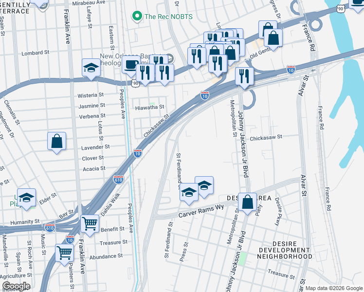 map of restaurants, bars, coffee shops, grocery stores, and more near 3807 Saint Ferdinand Street in New Orleans