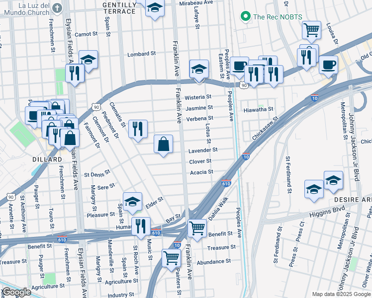 map of restaurants, bars, coffee shops, grocery stores, and more near 3901 Franklin Avenue in New Orleans