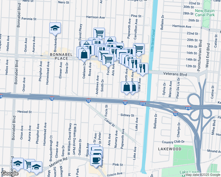 map of restaurants, bars, coffee shops, grocery stores, and more near 600 Aris Avenue in Metairie