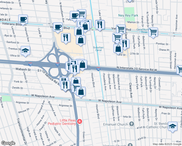 map of restaurants, bars, coffee shops, grocery stores, and more near 4200 South I-10 Service Road West in Metairie
