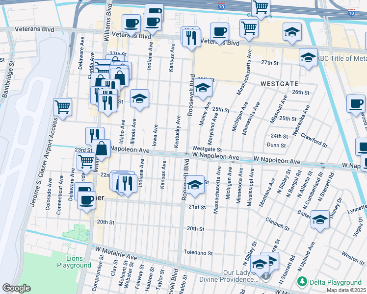 map of restaurants, bars, coffee shops, grocery stores, and more near 2310 Kentucky Avenue in Kenner