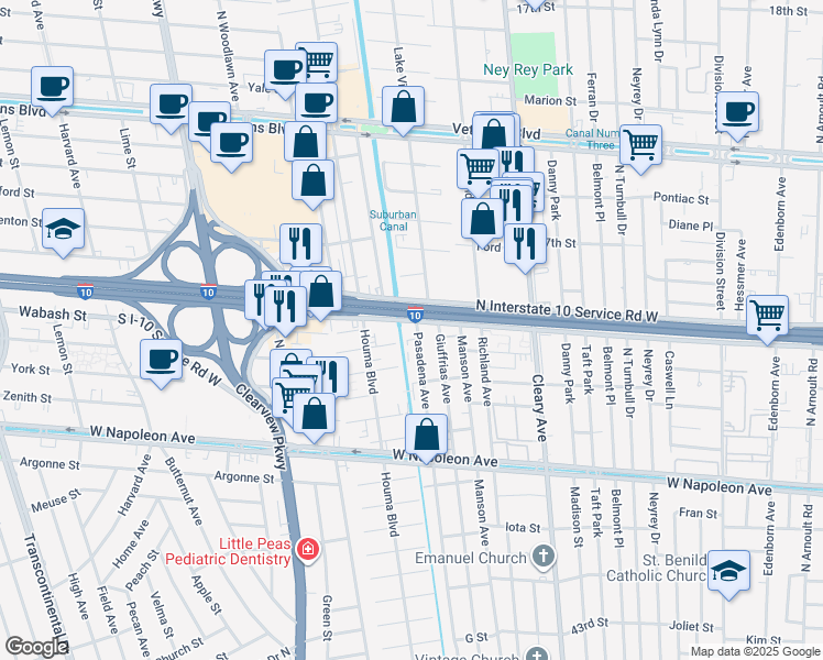 map of restaurants, bars, coffee shops, grocery stores, and more near 1909 Giuffrias Avenue in Metairie
