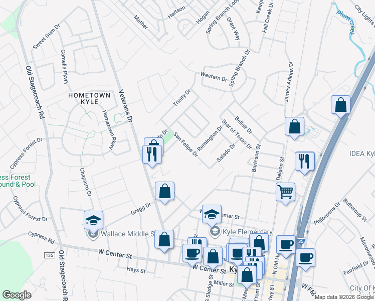 map of restaurants, bars, coffee shops, grocery stores, and more near 120 Brazos Lane in Kyle