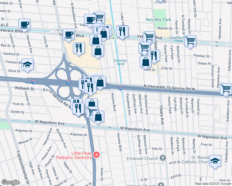 map of restaurants, bars, coffee shops, grocery stores, and more near 4200 South I-10 Service Road West in Metairie