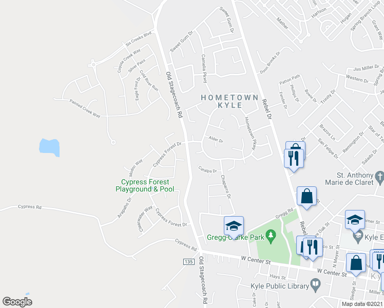 map of restaurants, bars, coffee shops, grocery stores, and more near 172 Coreopsis Cove in Kyle