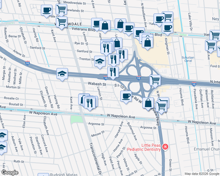 map of restaurants, bars, coffee shops, grocery stores, and more near 1204 Harvard Avenue in Metairie