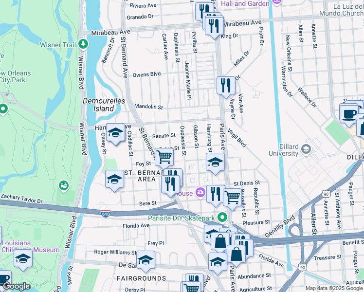 map of restaurants, bars, coffee shops, grocery stores, and more near 4010 Duplessis Street in New Orleans