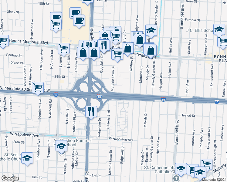 map of restaurants, bars, coffee shops, grocery stores, and more near 1514 Veterans Boulevard in Metairie