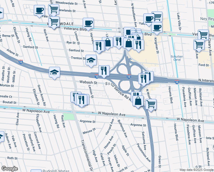 map of restaurants, bars, coffee shops, grocery stores, and more near 1100 North Arnoult Road in Metairie