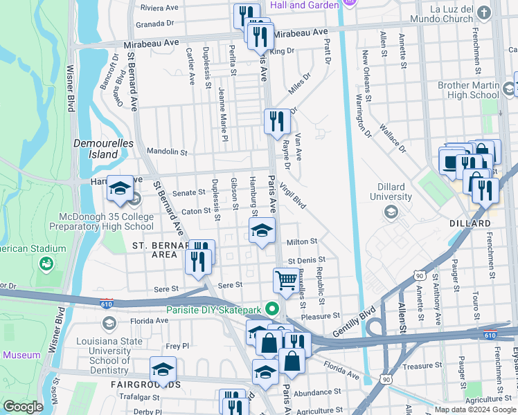 map of restaurants, bars, coffee shops, grocery stores, and more near 1532 Caton Street in New Orleans