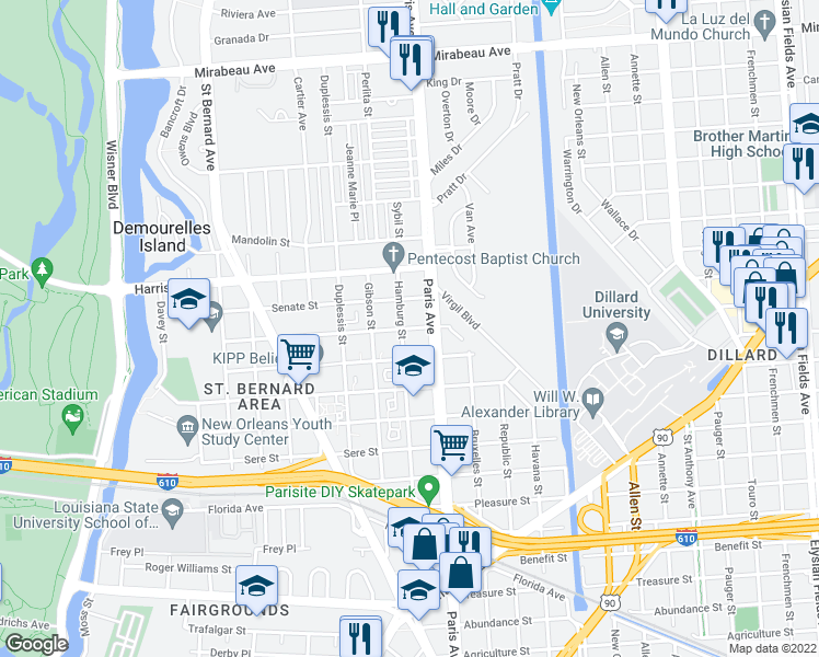 map of restaurants, bars, coffee shops, grocery stores, and more near 1536 Caton Street in New Orleans