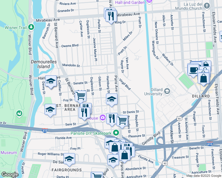 map of restaurants, bars, coffee shops, grocery stores, and more near 1540 Caton Street in New Orleans
