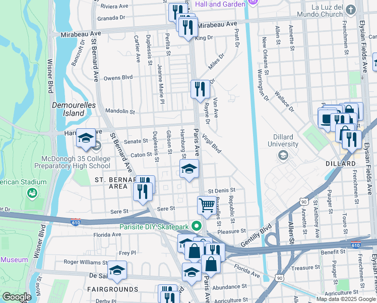 map of restaurants, bars, coffee shops, grocery stores, and more near 1532 Caton Street in New Orleans