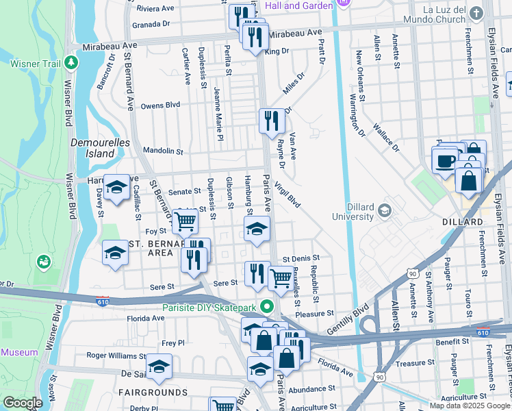 map of restaurants, bars, coffee shops, grocery stores, and more near 1538 Caton Street in New Orleans