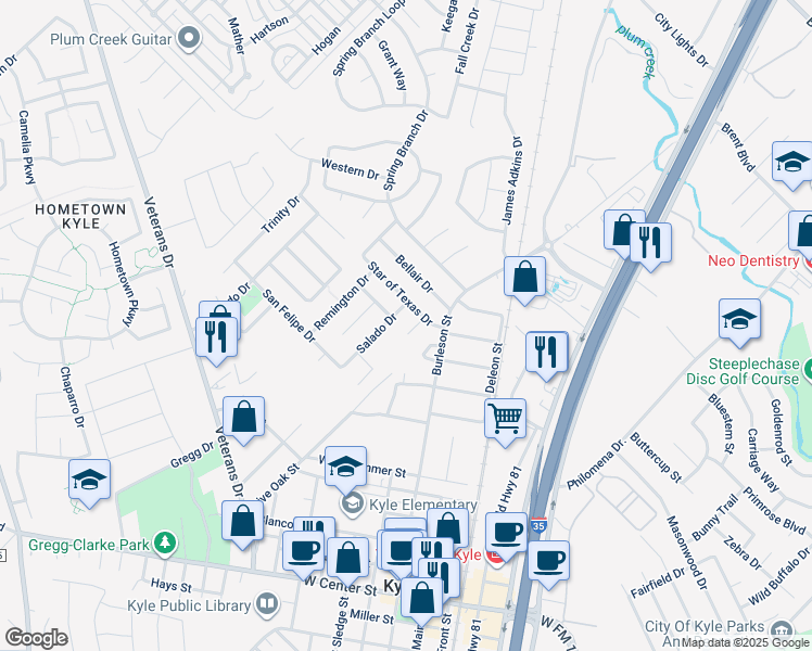 map of restaurants, bars, coffee shops, grocery stores, and more near 106 Rodeo Cove in Kyle