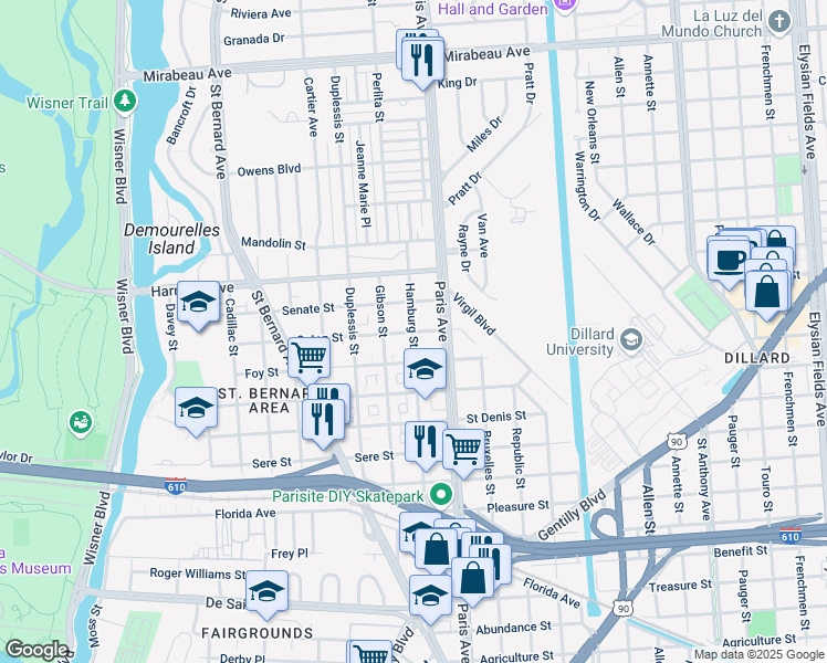 map of restaurants, bars, coffee shops, grocery stores, and more near 1473 Caton Street in New Orleans