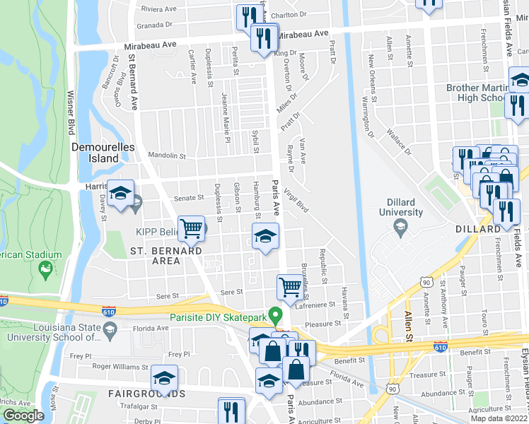 map of restaurants, bars, coffee shops, grocery stores, and more near 1538 Caton Street in New Orleans