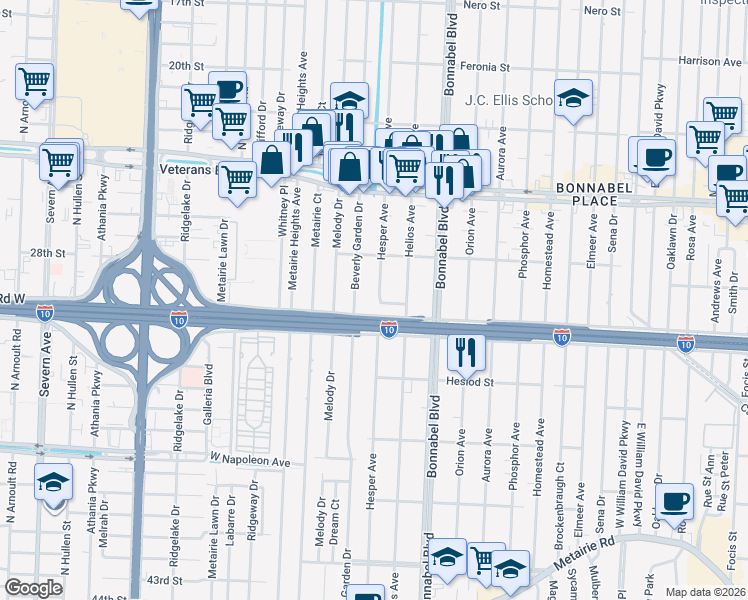 map of restaurants, bars, coffee shops, grocery stores, and more near 624 Hesper Avenue in Metairie